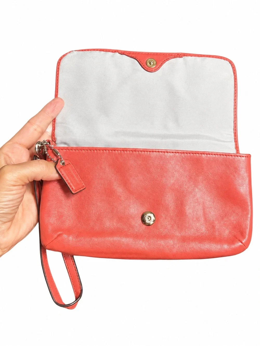 Coach Coral/Salmon Leather Convertible Wristlet Clutch Gathered Front Logo Purse - Picture 7 of 9